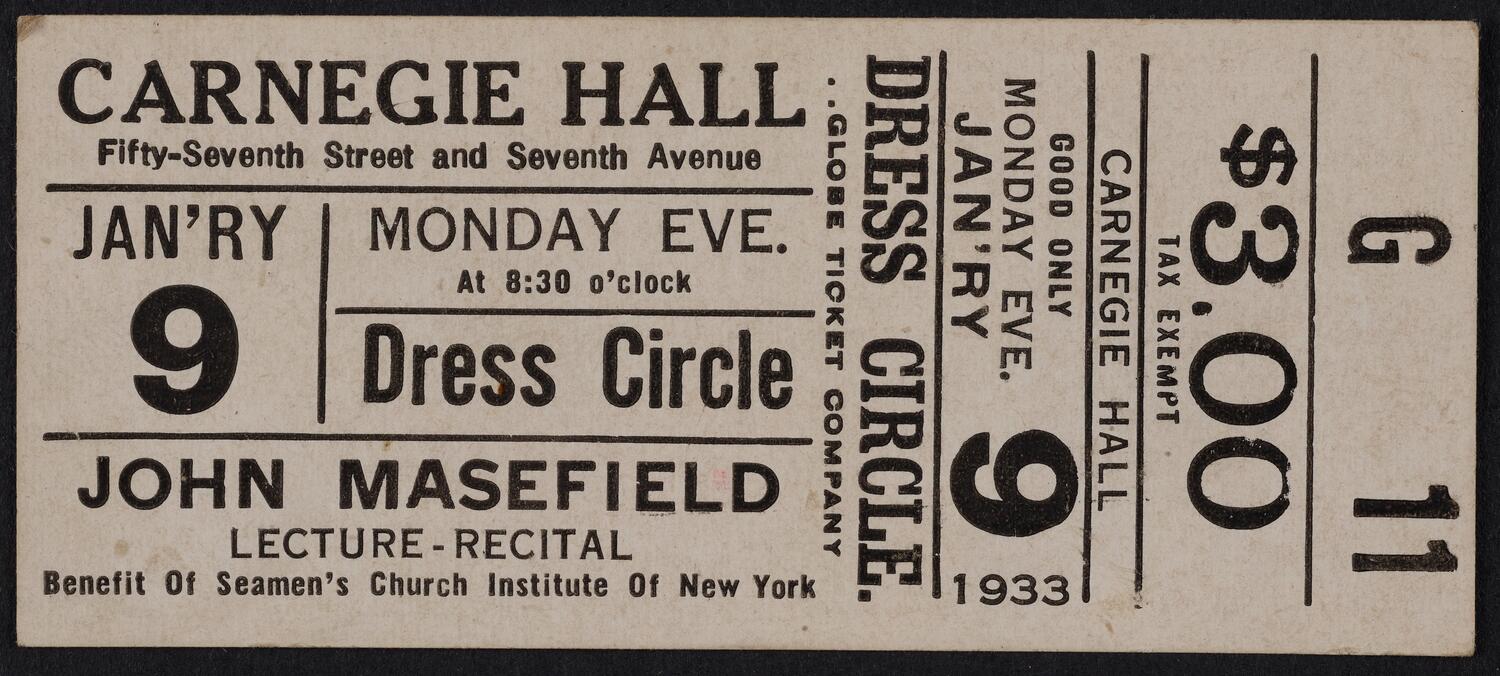Ticket for John Masefield, January 9, 1933 (front)