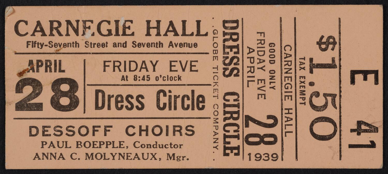 Ticket for Dessoff Choirs, April 28, 1939 (front)