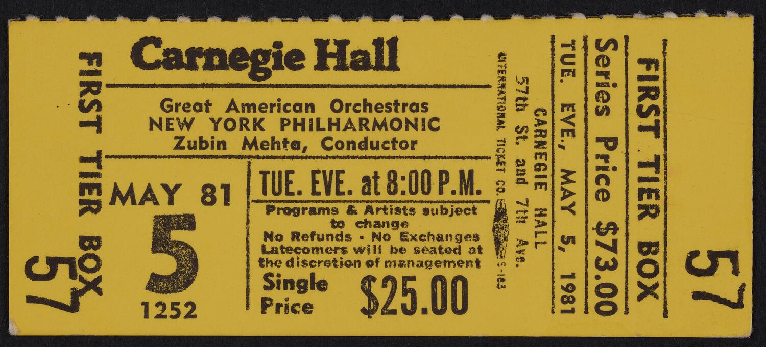 Ticket for New York Philharmonic, May 5, 1981 (front)