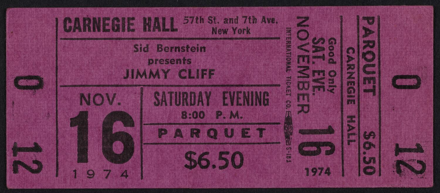 Ticket for Jimmy Cliff, November 16, 1974 (front)
