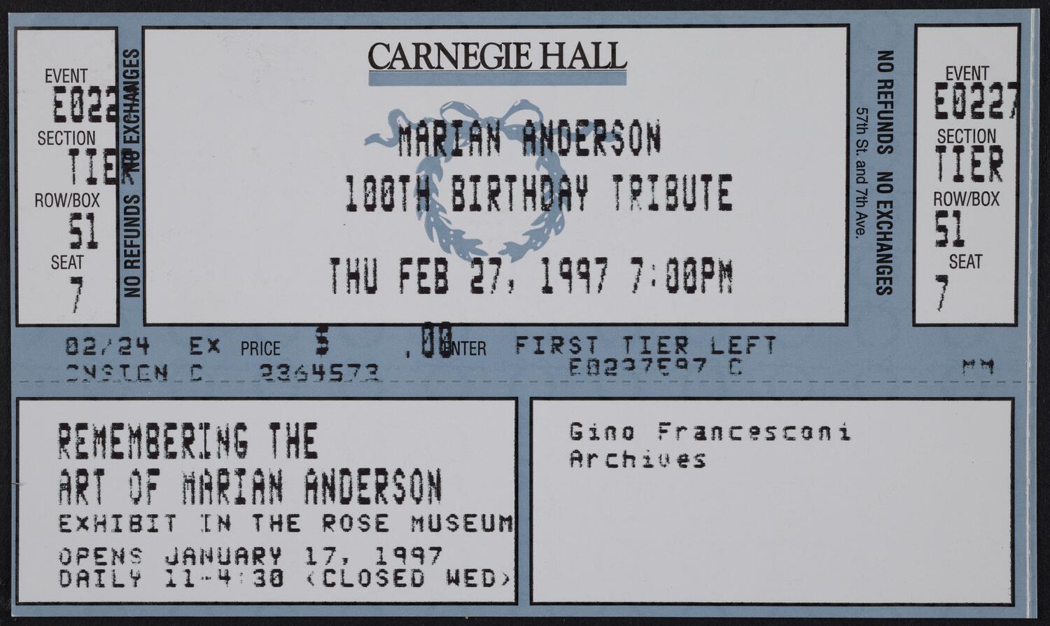 Ticket for Marian Anderson: 100th Birthday Tribute, February 27, 1997 (front)