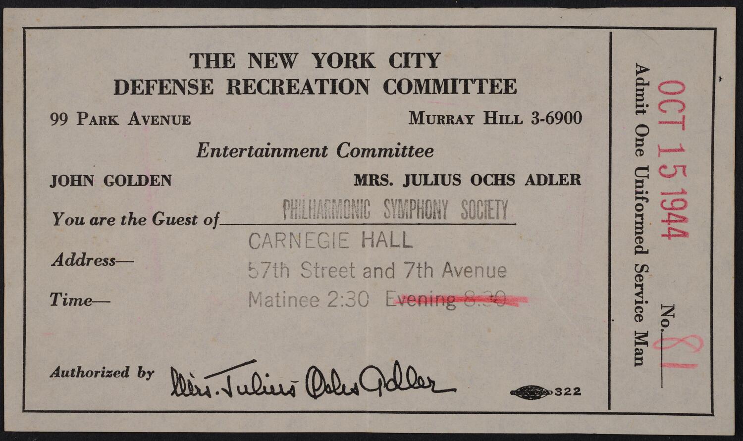 Coupon ticket for Philharmonic-Symphony Society of New York, October 15, 1944 (front)