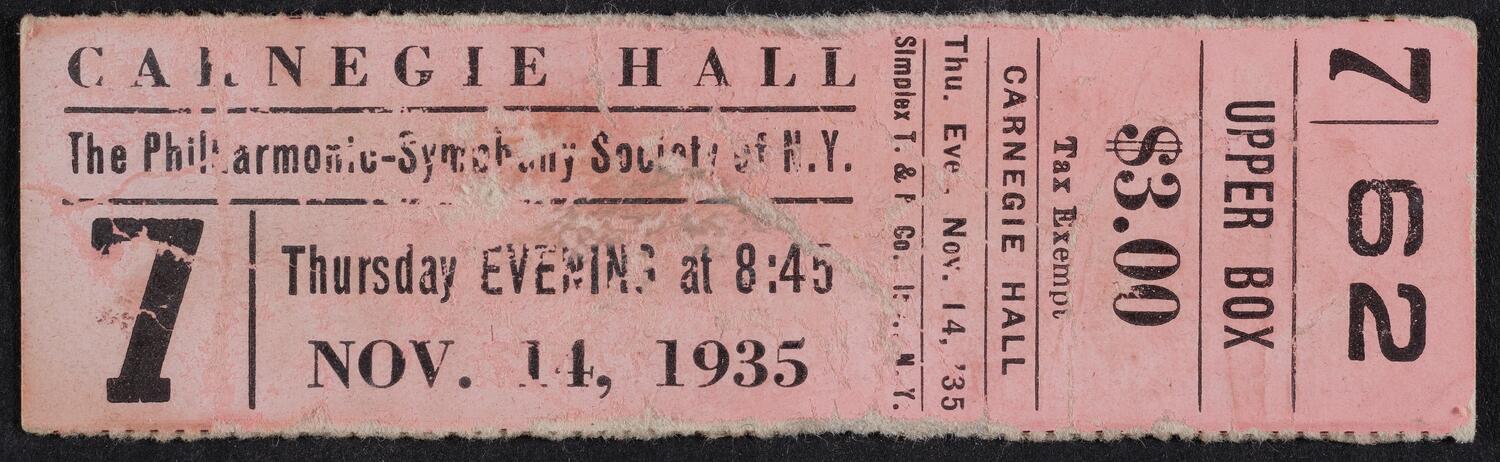 Ticket for the Philharmonic-Symphony Society of New York, November 14, 1935 (front)