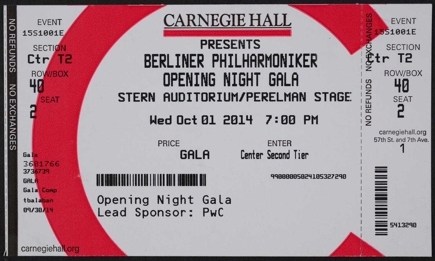 Ticket for Opening Night Gala: Berliner Philharmoniker, October 1, 2014 (front)