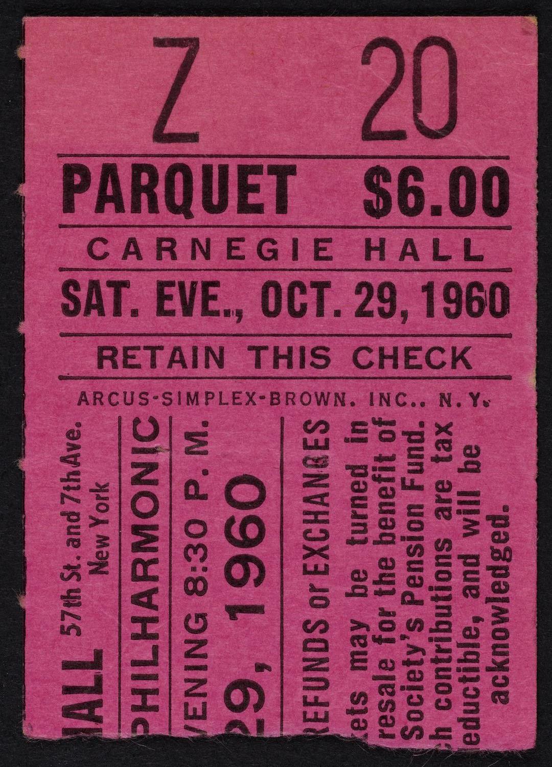 Ticket for New York Philharmonic, October 29, 1960 (front)