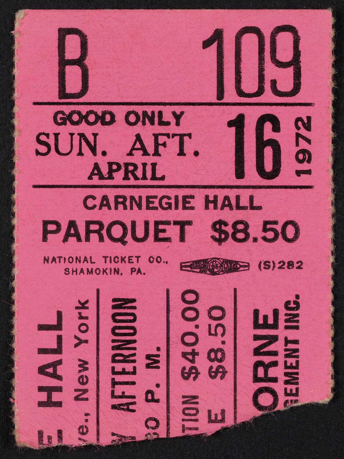 Ticket for Marilyn Horne, April 16, 1972 (front)