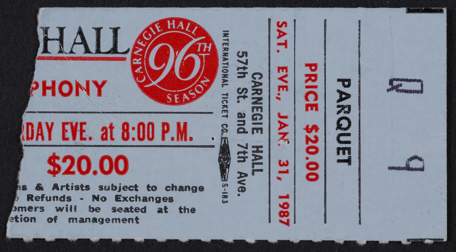 Ticket for Detroit Symphony Orchestra, January 31, 1987 (front)