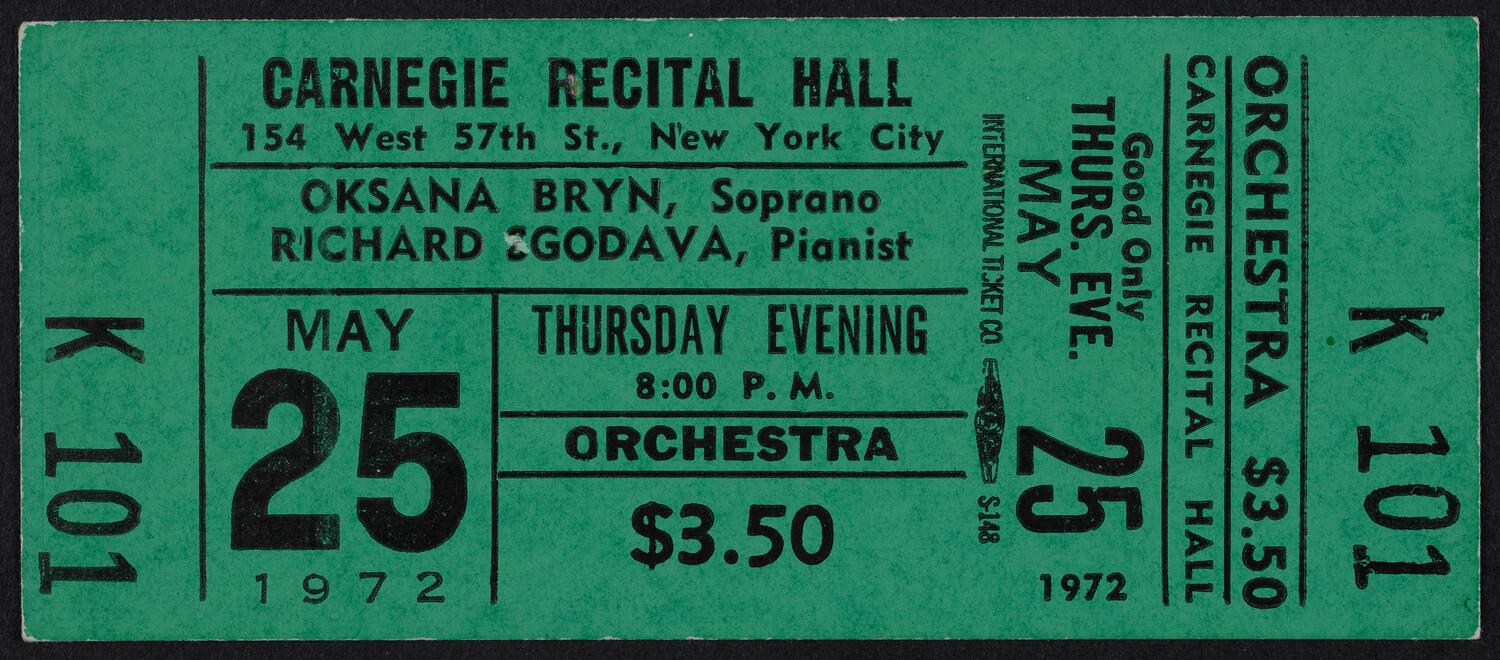 Ticket for Oskana Bryn and Richard Zgodava, May 25, 1972 (front)