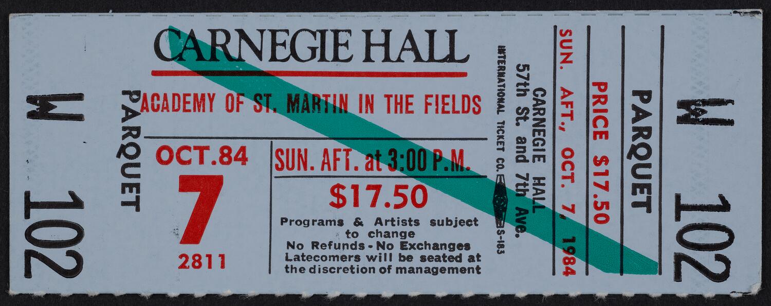 Ticket for Academy of St. Martin in the Fields, October 7, 1984 (front)