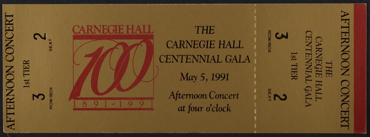 Ticket for the Carnegie Hall Centennial Gala, May 5, 1991 (front)