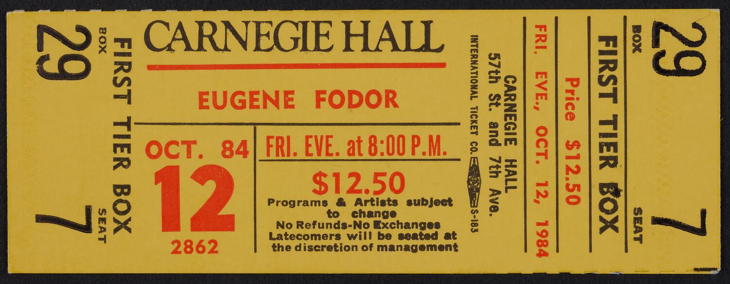 Ticket for Eugene Fodor, October 12, 1984 (front)