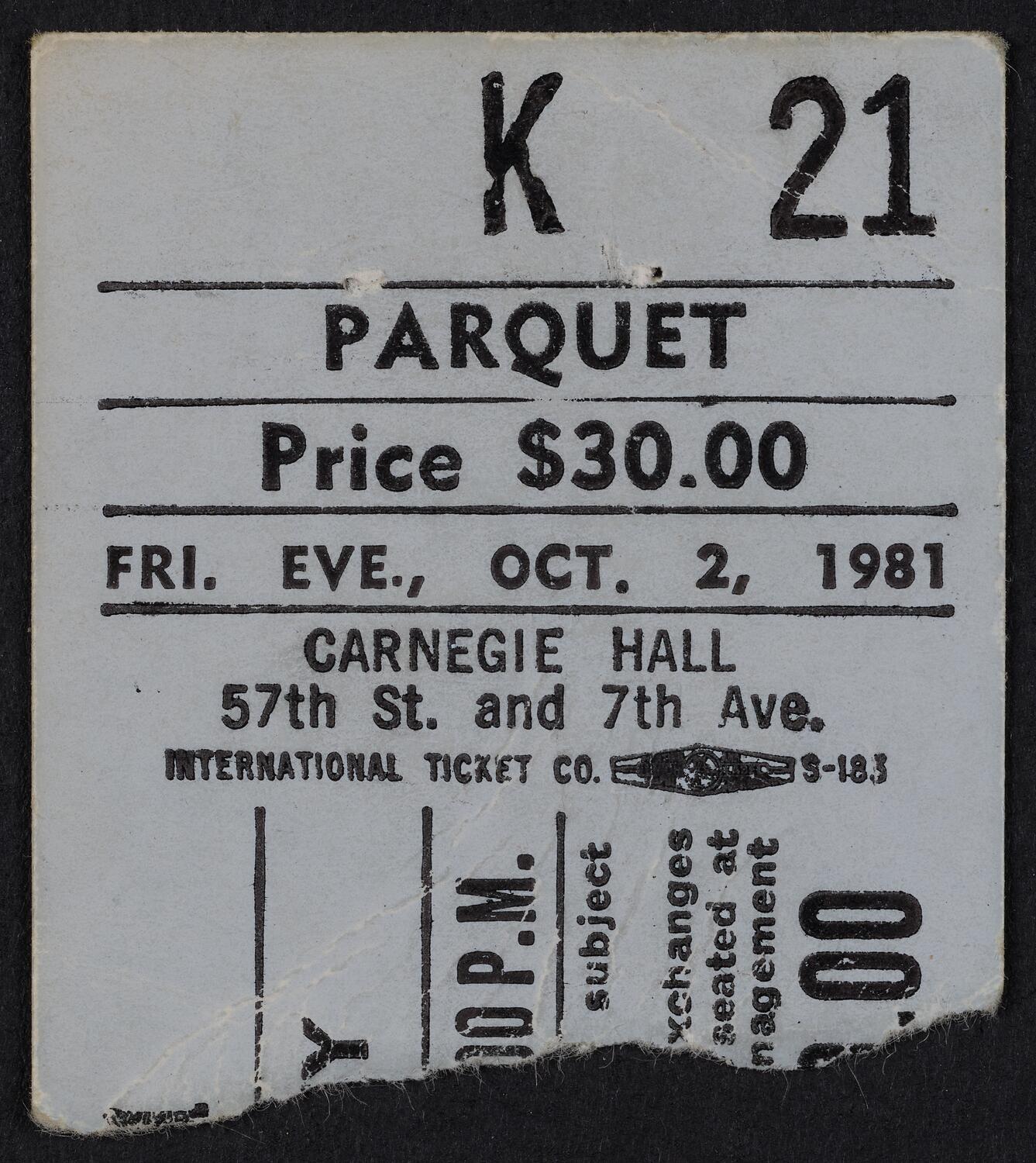 Ticket for Shirley Bassey, October 2, 1981 (front)