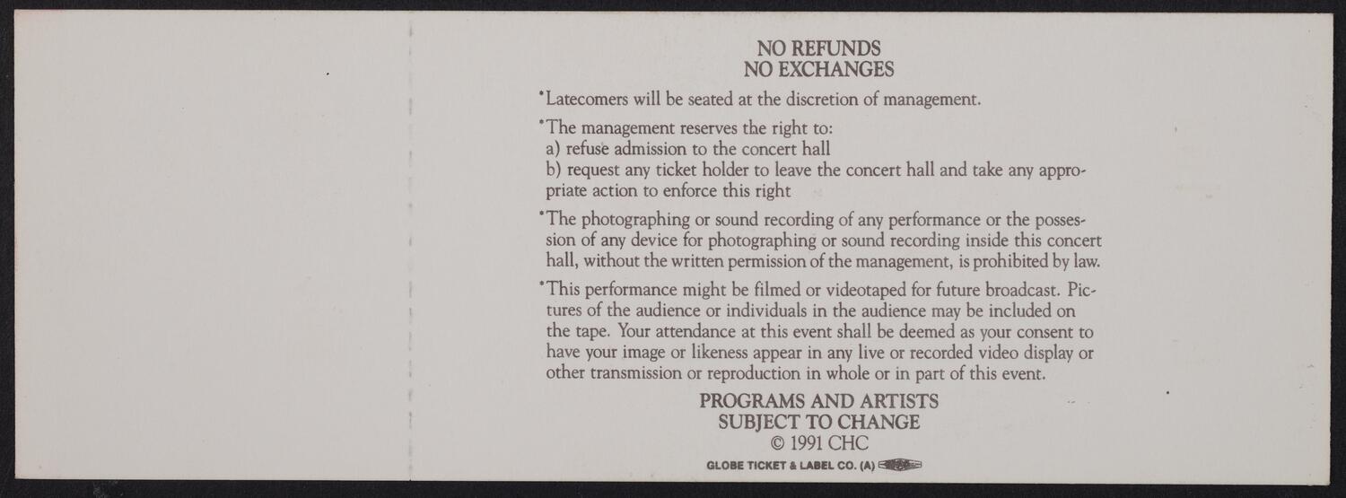 Ticket for the Carnegie Hall Centennial Gala, May 5, 1991 (back)