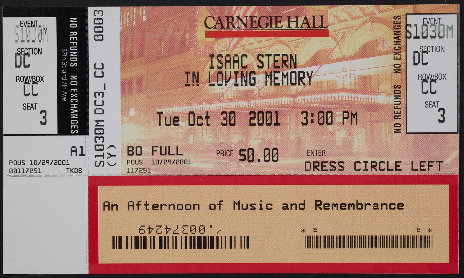 Ticket for Isaac Stern: In Loving Memory, October 30, 2001 (front)