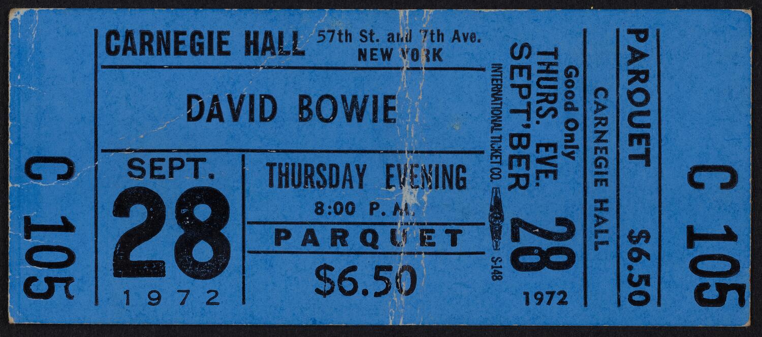 Ticket for David Bowie and The Spiders from Mars, September 28, 1972 (front)