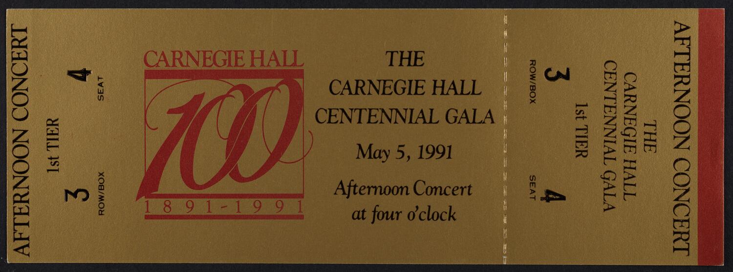 Ticket for the Carnegie Hall Centennial Gala, May 5, 1991 (front)