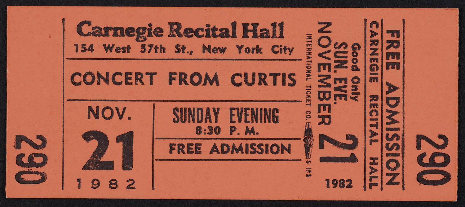 Ticket for Concert from Curtis Institute of Music Students, November 21, 1982 (front)