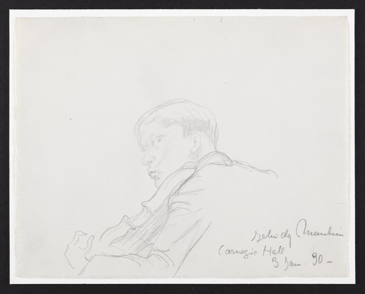 Sketch of Yehudi Menuhin playing the violin, in profile facing left