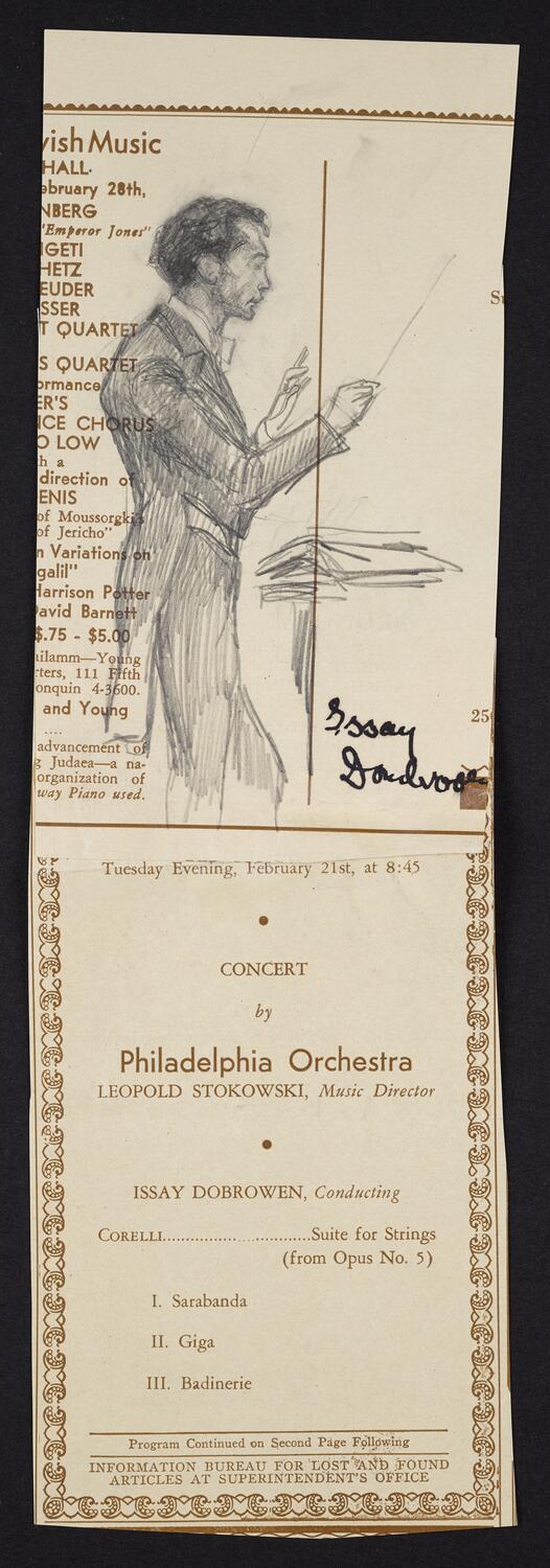 Sketch on concert program page of Issay Dobrowen conducting