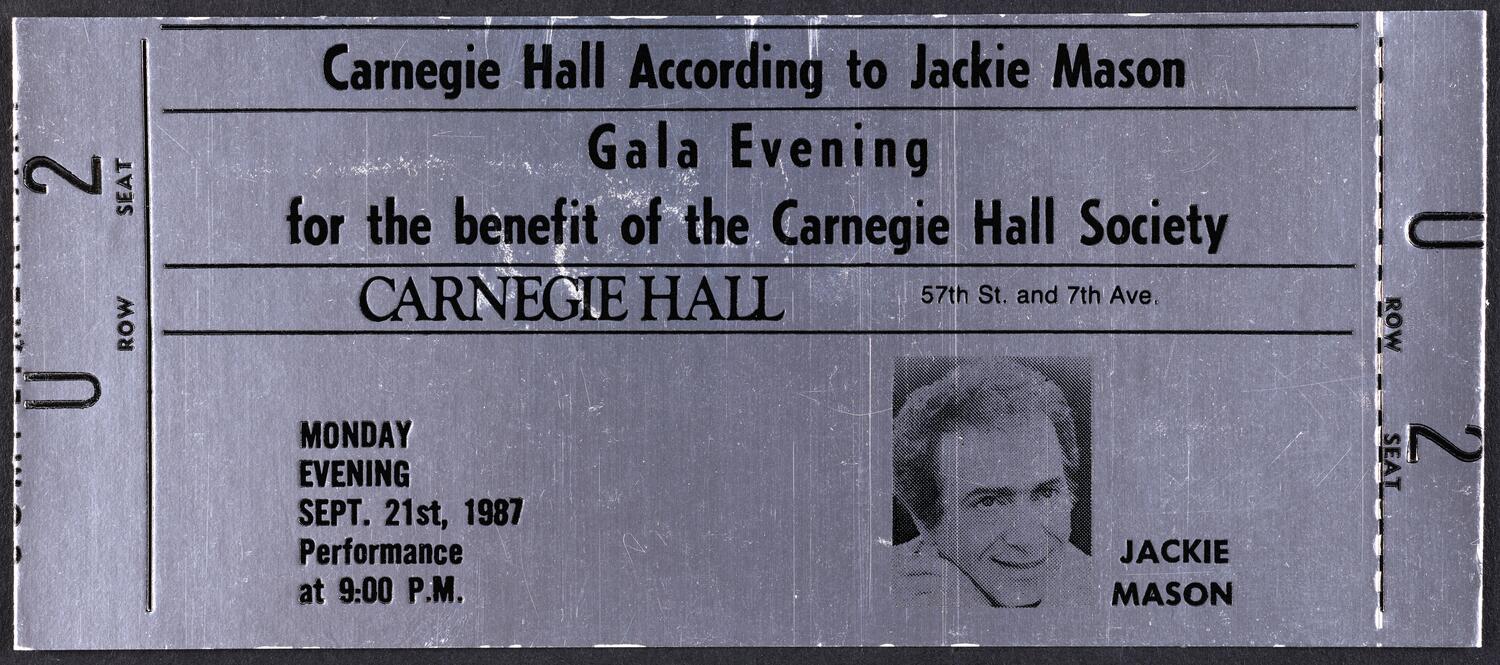 Ticket for Carnegie Hall According to Jackie Mason, September 21, 1987 (front)