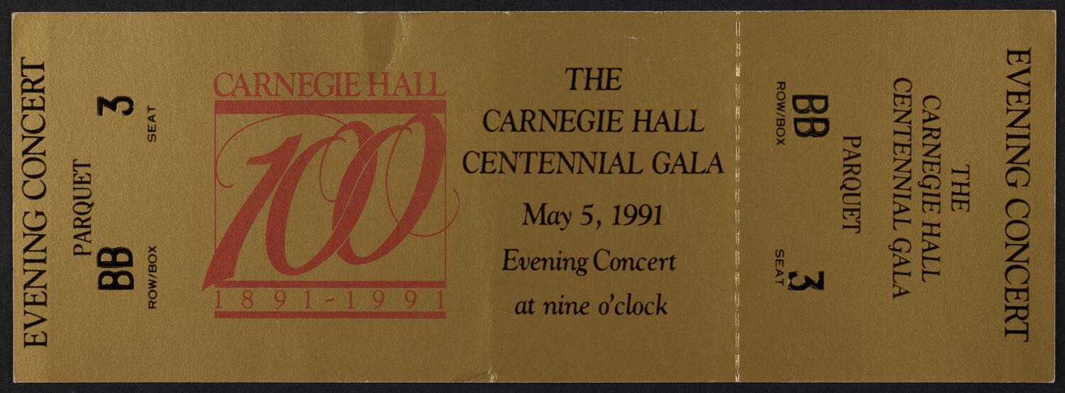 Ticket for the Carnegie Hall Centennial Gala, May 5, 1991 (front)