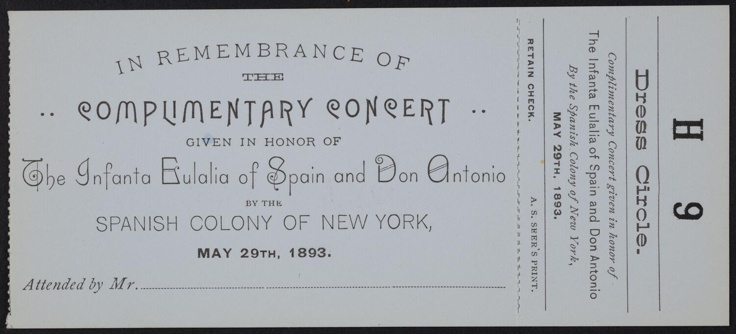 Ticket for Concert in Honor of the Infanta Eulalia of Spain and Don Antonio, May 29, 1893 (front)