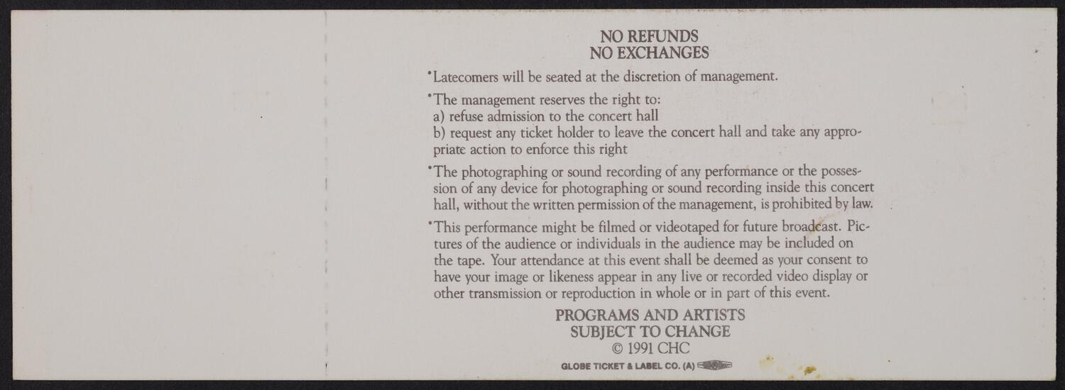 Ticket for the Carnegie Hall Centennial Gala, May 5, 1991 (back)