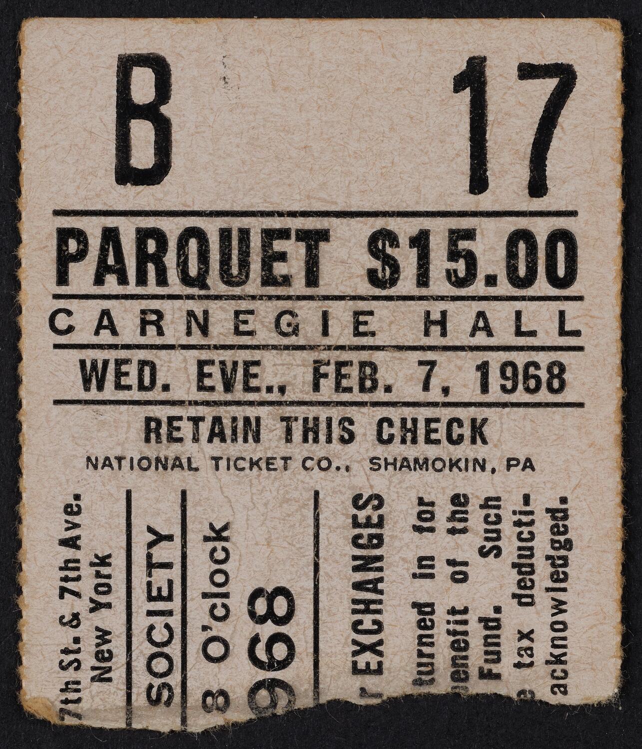 Ticket for American Opera Society, February 7, 1968 (front)