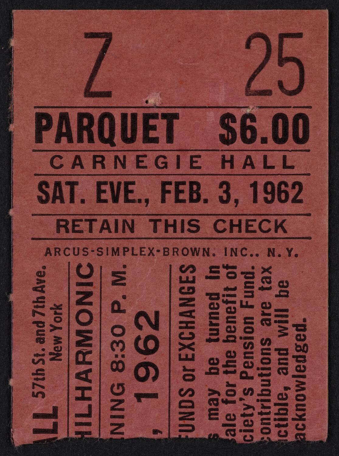 Ticket for New York Philharmonic, February 3, 1962 (front)