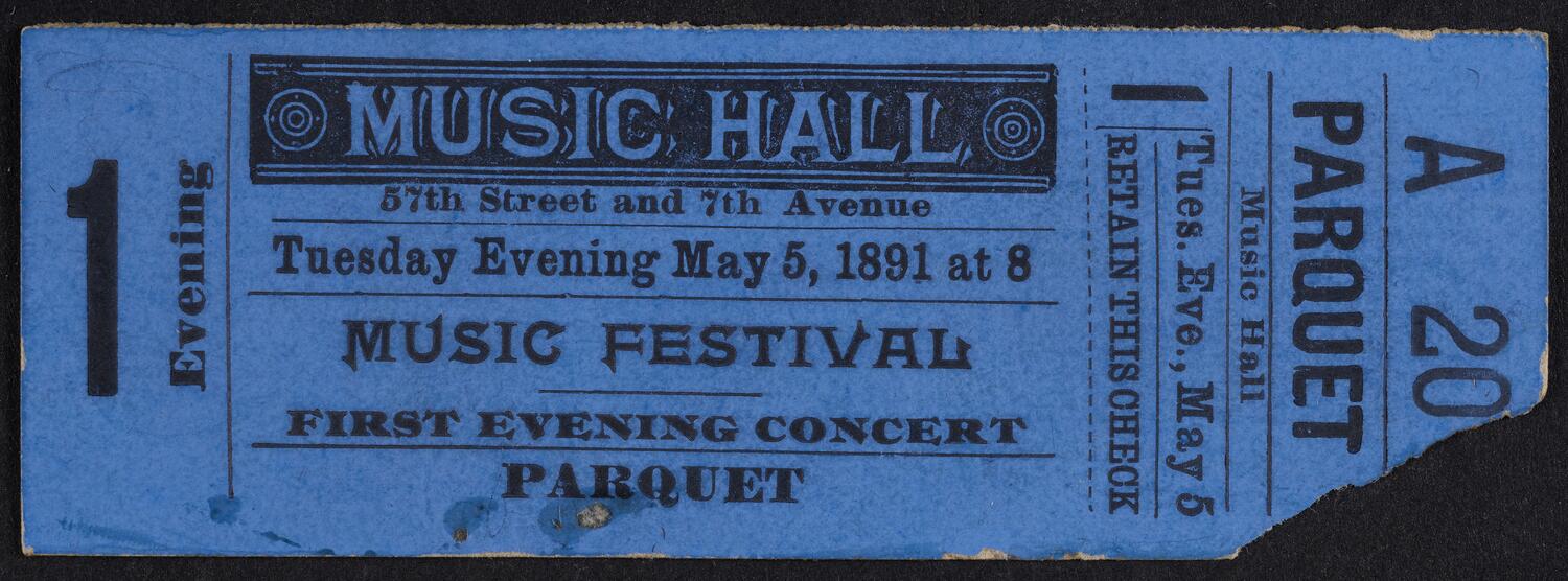Ticket for opening night of the Music Hall, May 5, 1891 (front)
