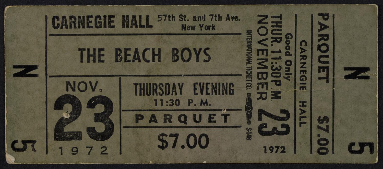 Ticket for The Beach Boys, November 23, 1972 (front)