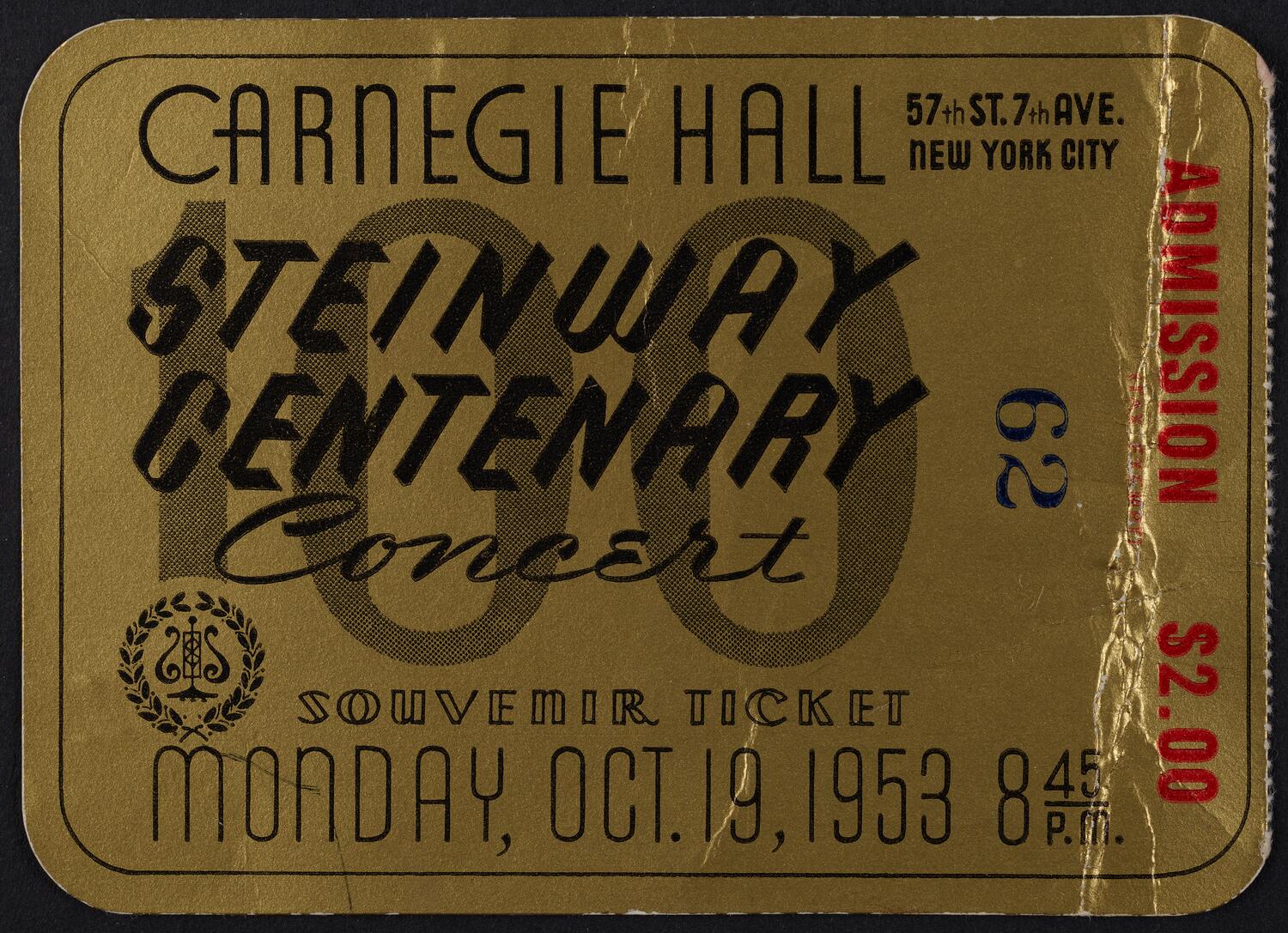 Ticket for Steinway Centenary Concert, October 19, 1953 (front)