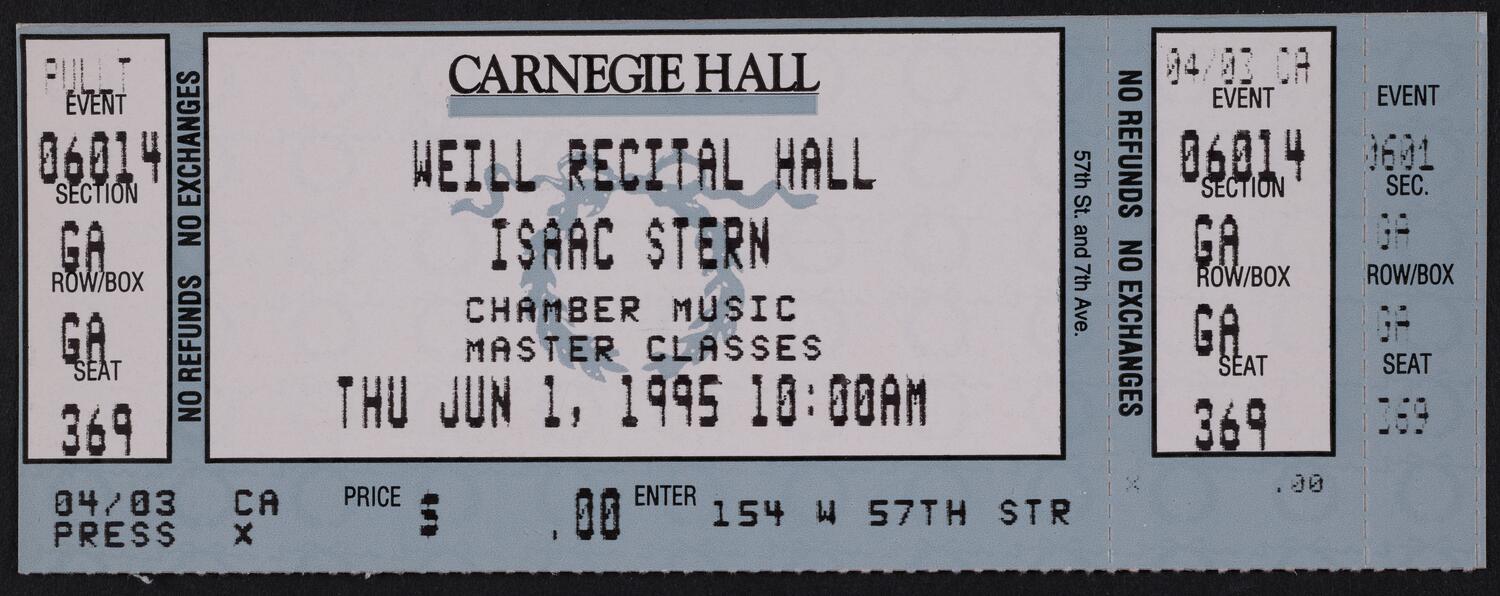 Ticket for Isaac Stern Chamber Music Master Classes, June 1, 1995 (front)