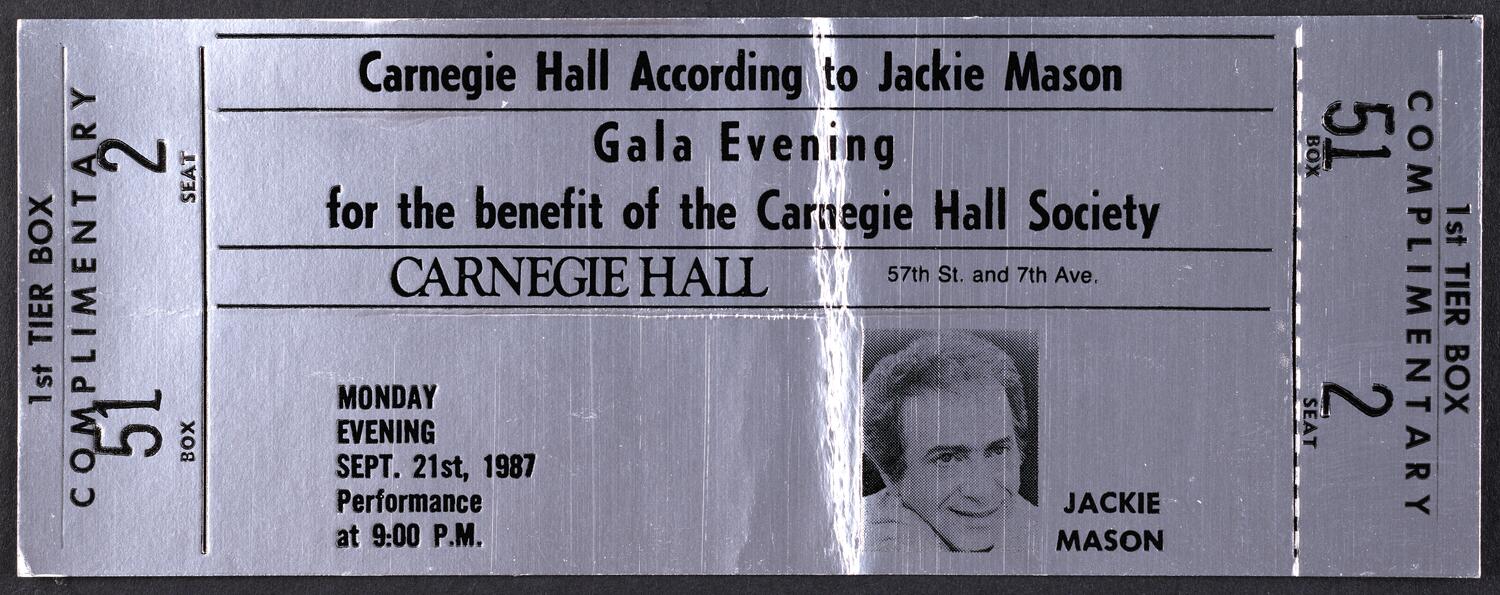 Ticket for Carnegie Hall According to Jackie Mason, September 21, 1987 (front)