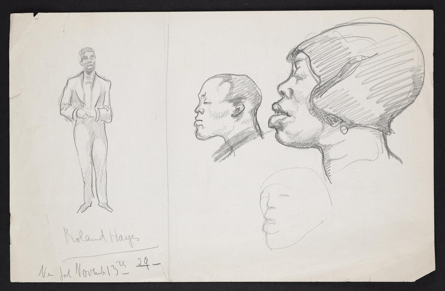 Sketch of Roland Hayes and three figures in profile