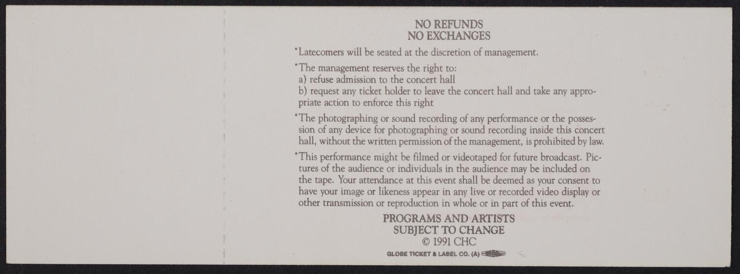 Ticket for the Carnegie Hall Centennial Gala, May 5, 1991 (back)
