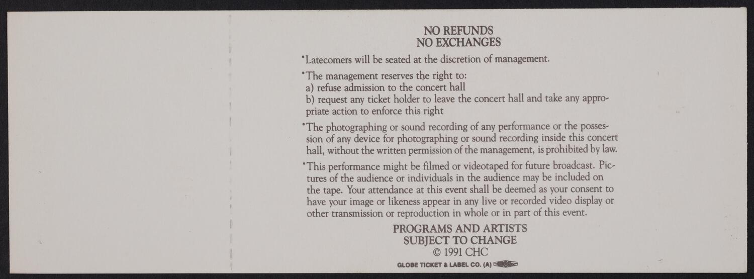 Ticket for the Carnegie Hall Centennial Gala, May 5, 1991 (back)