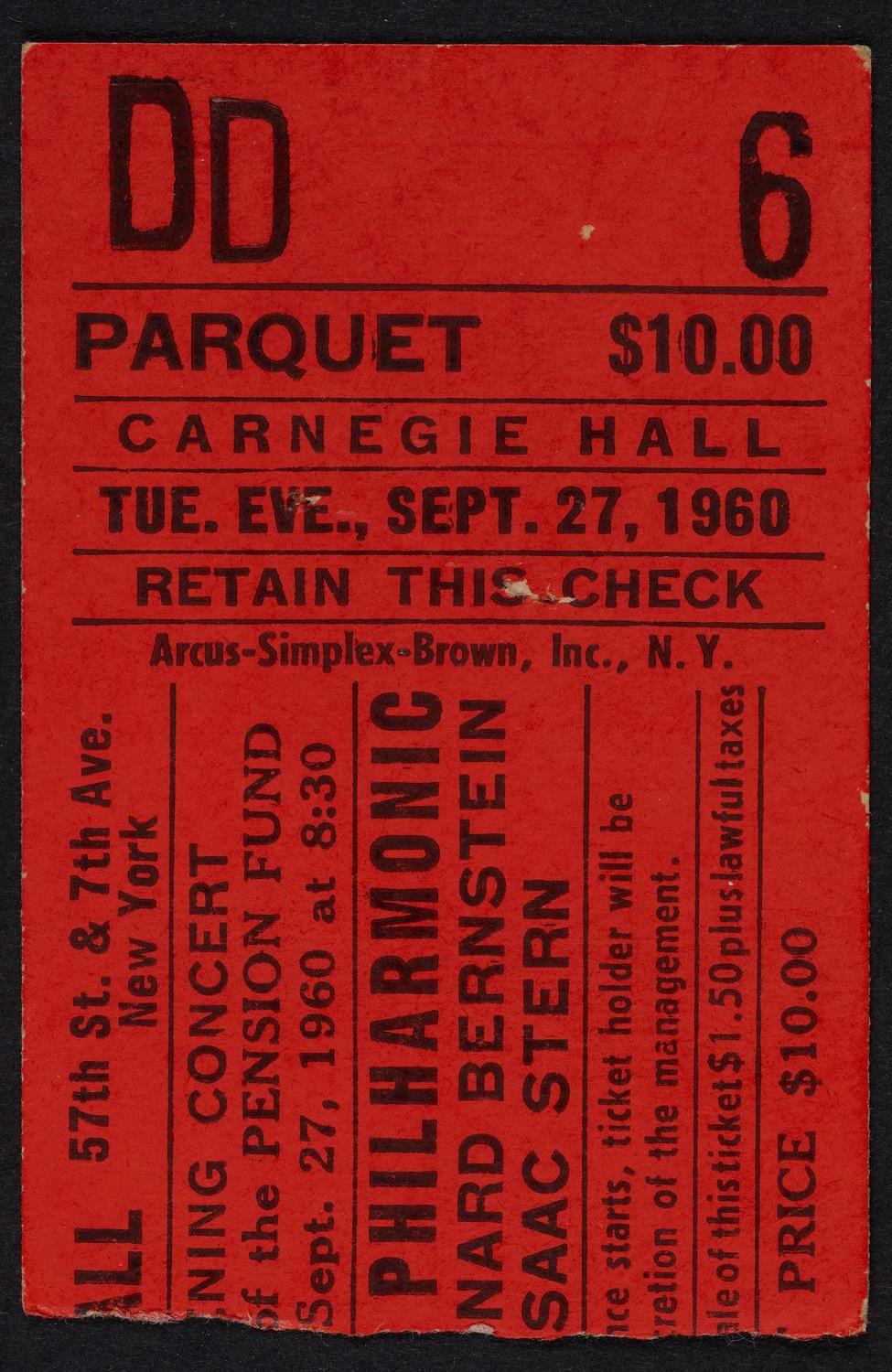 Ticket for New York Philharmonic: Pension Fund Benefit Gala, September 27, 1960 (front)