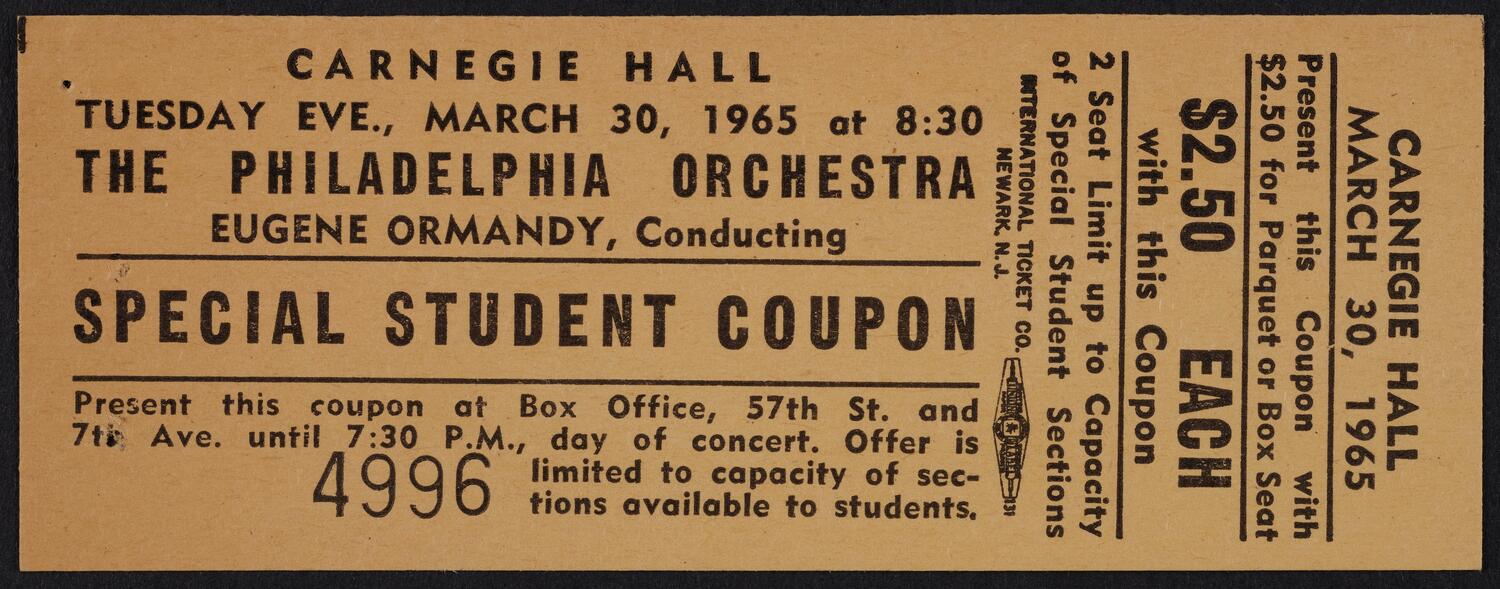 Ticket for the Philadelphia Orchestra, March 30, 1965 (front)