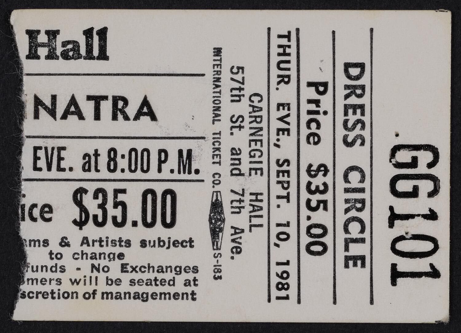 Ticket for Frank Sinatra, September 10, 1981 (front)