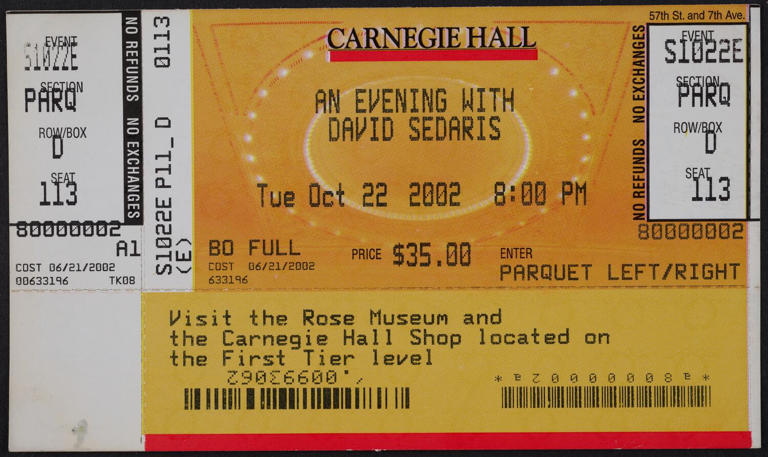 Ticket for An Evening with David Sedaris, October 22, 2002 (front)