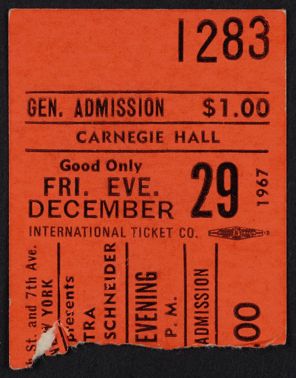 Ticket for New School Concerts: Chamber Orchestra, December 29, 1967 (front)