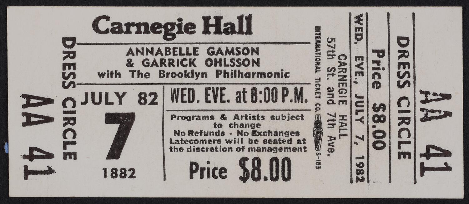 Ticket for Annabelle Gamson & Garrick Ohlsson with the Brooklyn Philharmonic, July 7, 1982 (front)