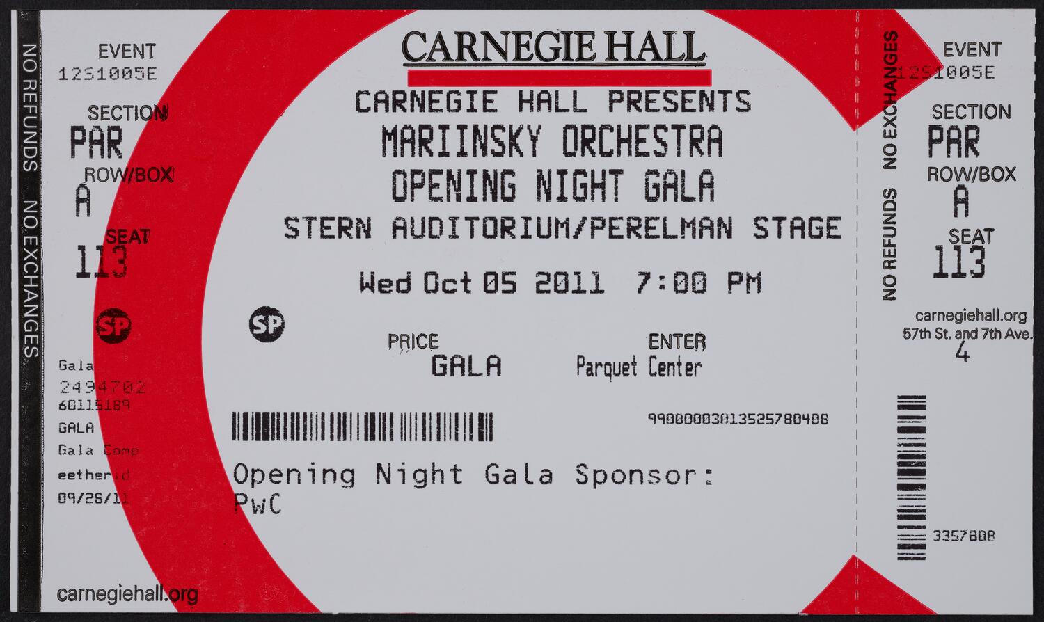 Ticket for Opening Night Gala: Mariinsky Orchestra, October 5, 2011 (front)