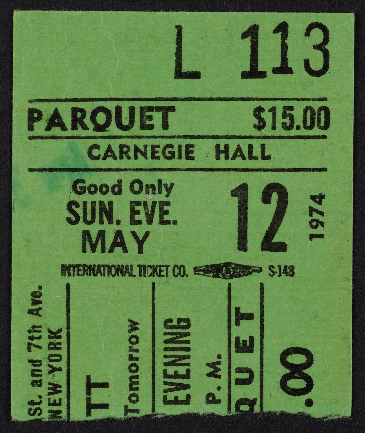 Ticket for Eartha Kitt, May 12, 1974 (front)