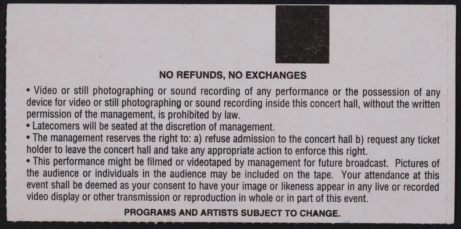 Ticket for Hard Rock Cafe New York 10th Anniversary Concert: Aretha Franklin, November 3, 1994 (back)
