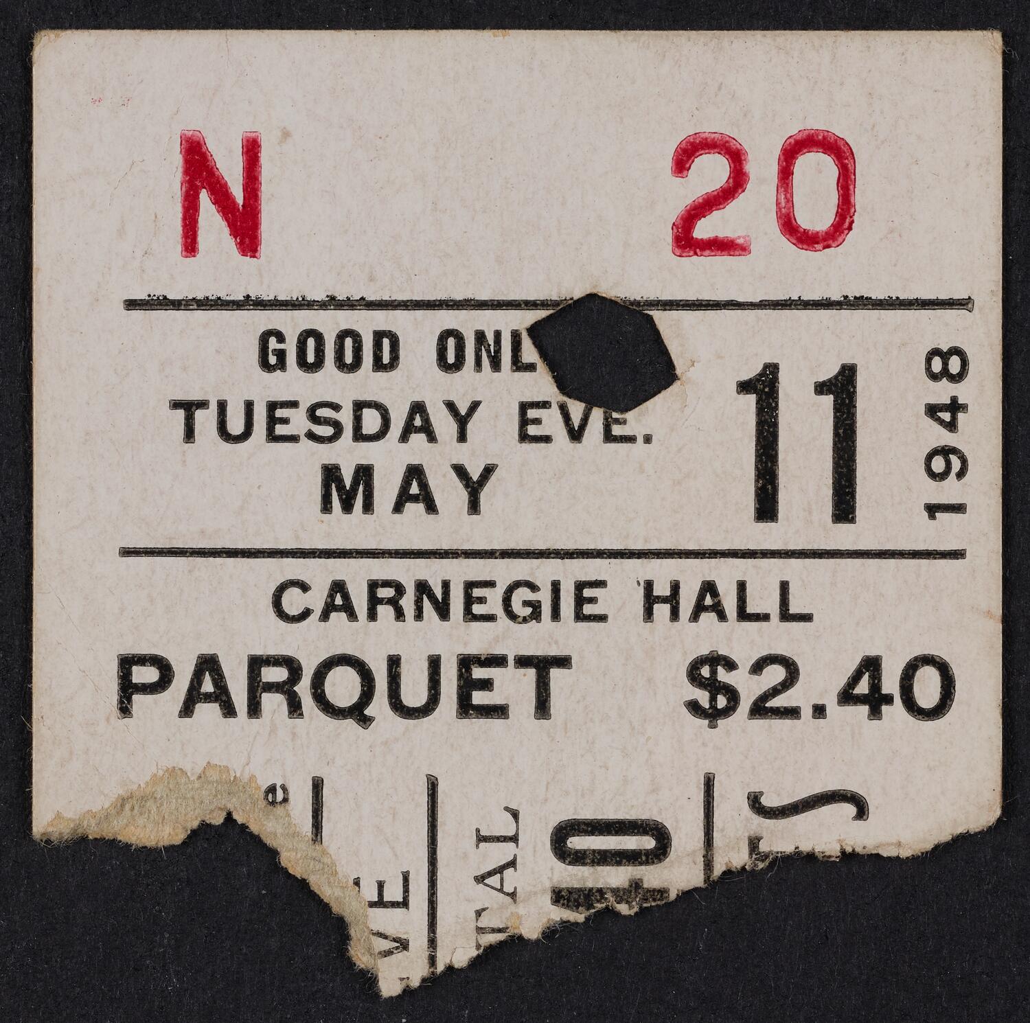 Ticket for Carnegie Pop Concert, May 11, 1948 (front)