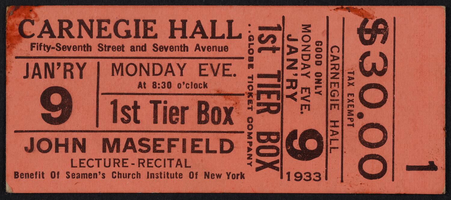 Ticket for John Masefield, January 9, 1933 (front)
