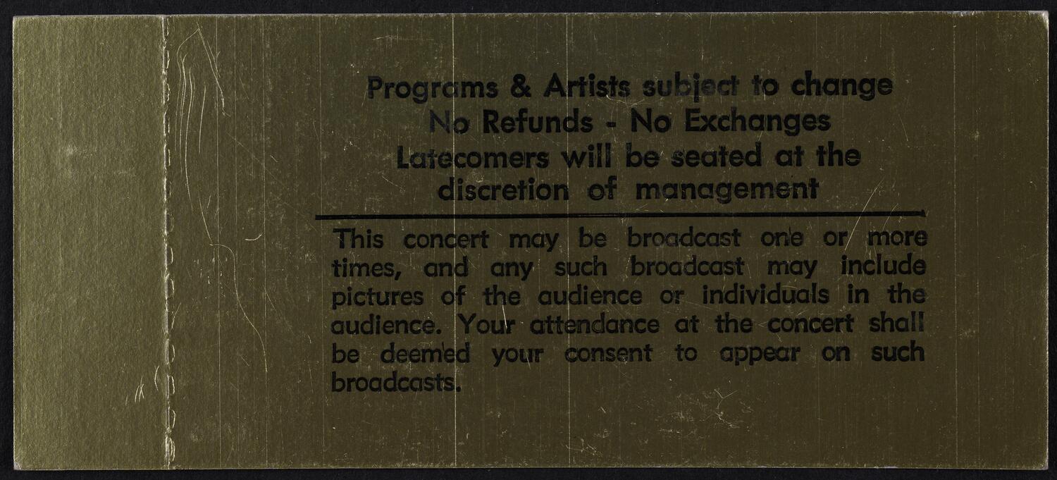 Ticket for The Gala Reopening of Carnegie Hall, December 15, 1986 (back)