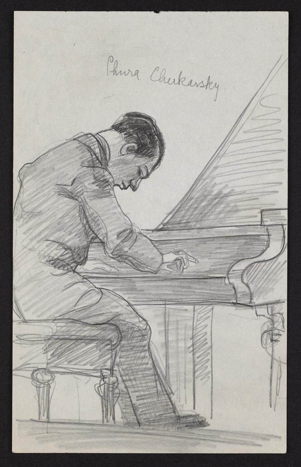 Sketch of Shura Cherkassky playing piano, in profile facing right